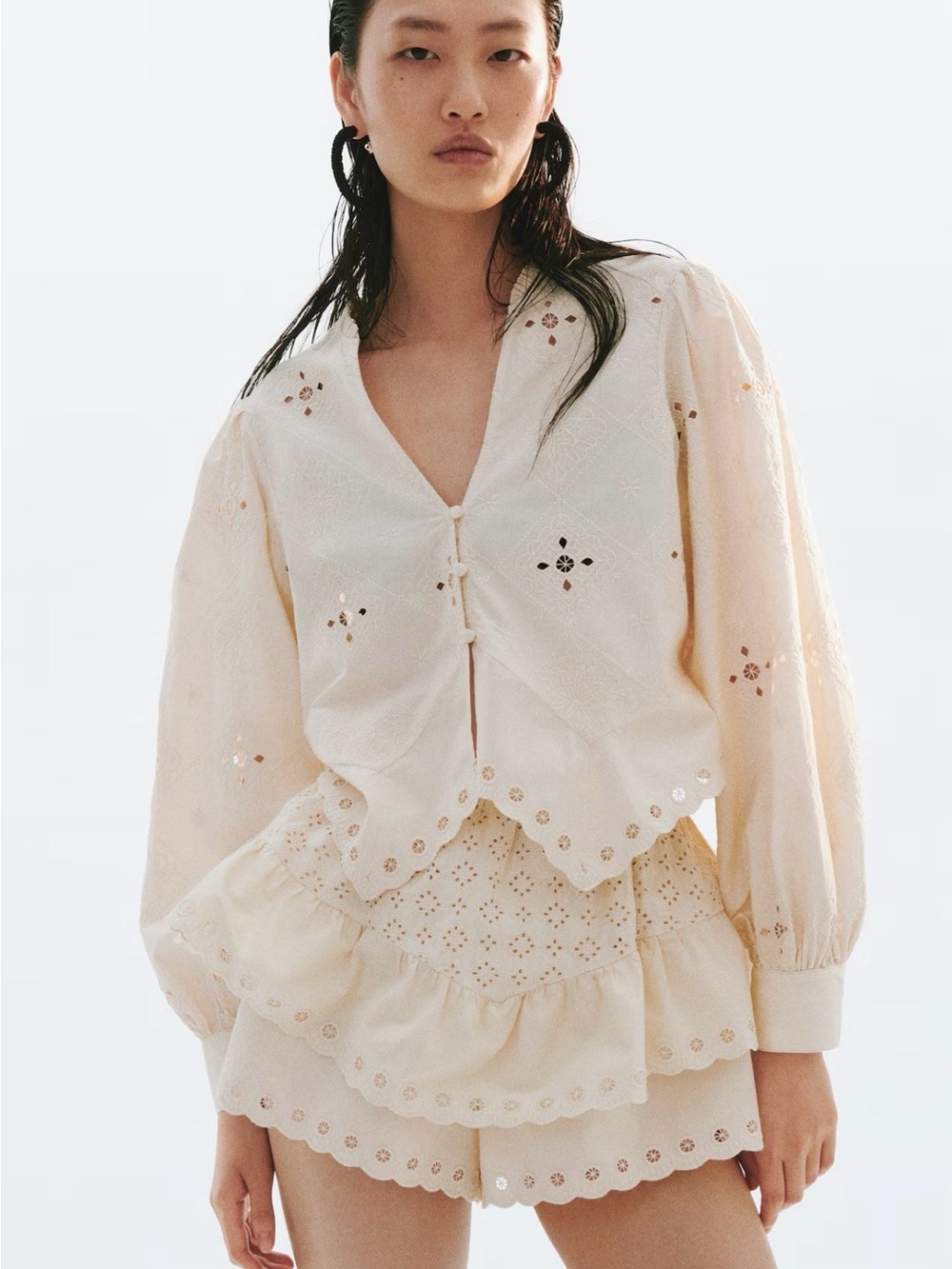 H&M Eyelet Embroidered Cotton Shorts Size M NWT (Light Beige) - Picture 10 of 16
